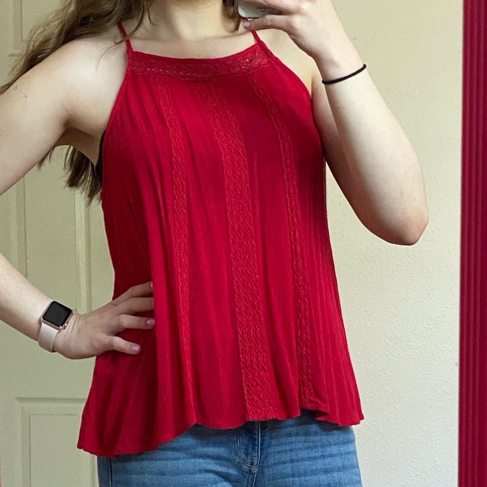 Hollister Red Embroidered High Neck Tank Top